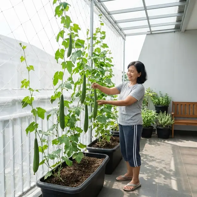 Menanam Oyong dengan Rambatan Jaring Nilon Dinding.