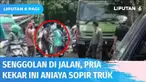 Sopir dump truk dianiaya pengendara motor berbadan kekar di Pasar Rebo. Korban ditendang hingga dibanting, diduga gara-gara motor penganiaya senggolan dengan dump truk.