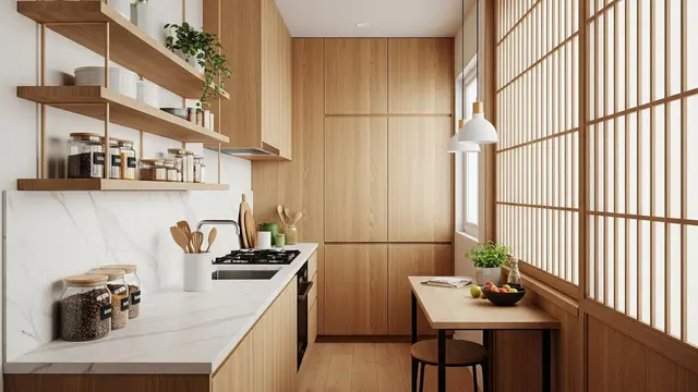Dapur Sempit Japandi dengan Partisi Kayu