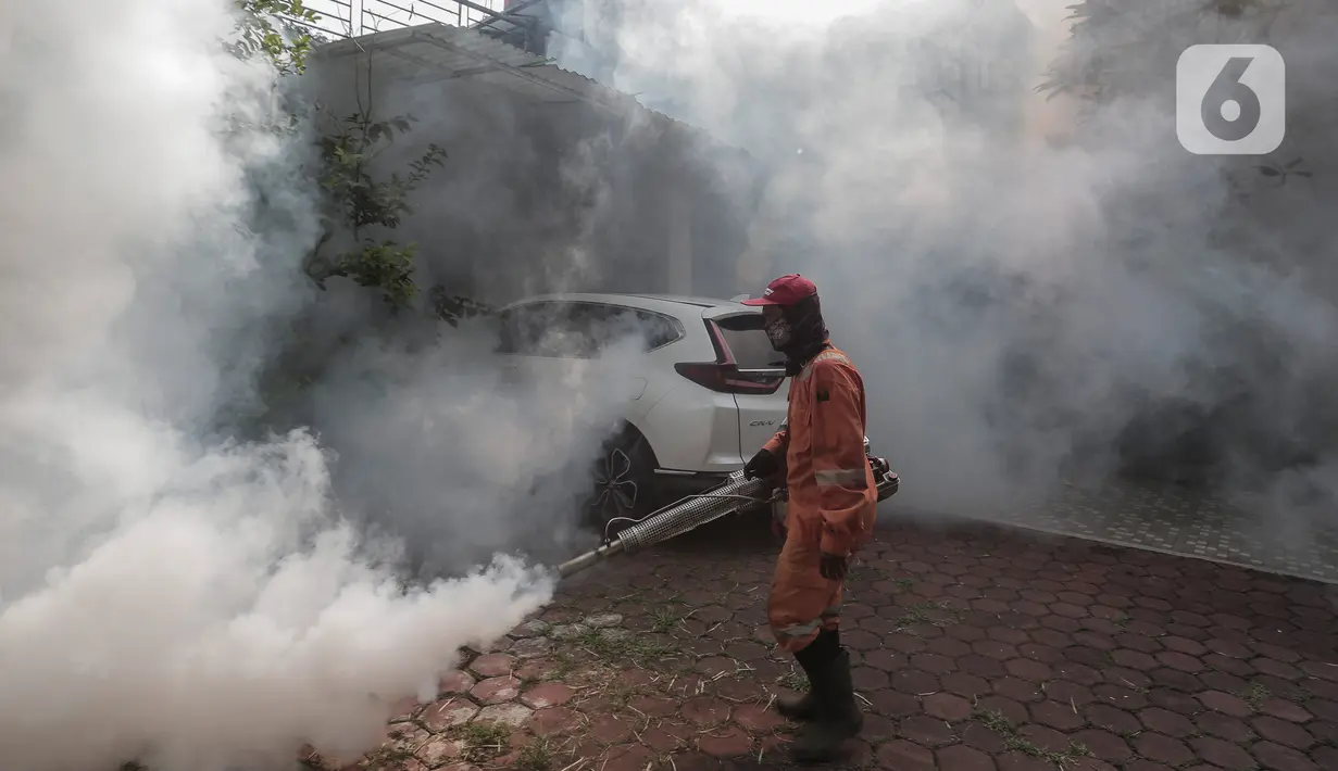 Petugas melakukan pengasapan (fogging) di halaman rumah warga, Pesanggrahan, Jakarta, Kamis (6/10/2022). Musim hujan menjadi waktu krusial bagi nyamuk untuk berkembangbiak. (Liputan6.com/Johan Tallo)