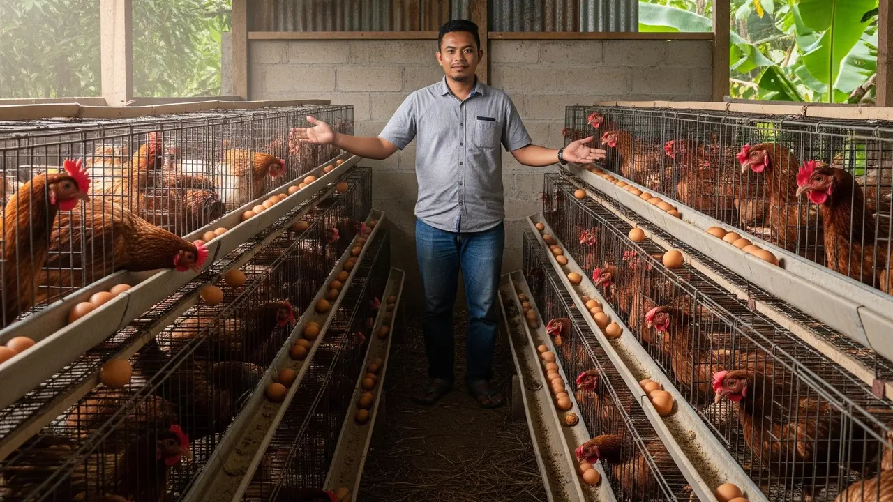Ternak ayam petelur dengan kandang baterai skala rumahan (Gemini AI)