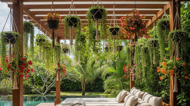 Teras Tropis dengan Kanopi Gantung Rimbun