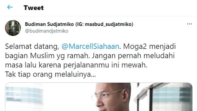 Cuitan Budiman Sudjatmiko menyambut Marcell Siahaan sebagai mualaf (Twitter)