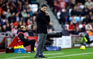 Manajer Arsenal, Mikel Arteta, dalam pertandingan Liga Inggris&nbsp;melawan Sunderland di Stadium of Light, Inggris, Minggu (9/11/2025). (Richard Sellers/PA via AP)