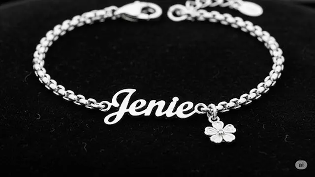 Gelang Rantai Emas Putih dengan Charm Nama dan Bandul Bunga