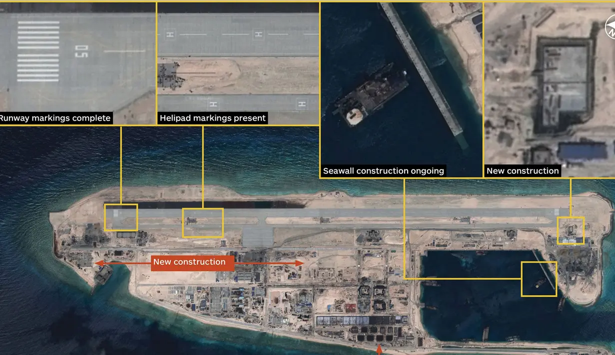 Gambar landasan pacu yang berada di Fiery Cross Reef, laut Cina selatan, Cina, (4/1/2016). Panjang landasan pesawat itu sekitar 3 km dan memiliki Fasilitas pelabuhan yang sedang dibangun untuk menampung tank-tank militer. (REUTERS/CNES 2015)