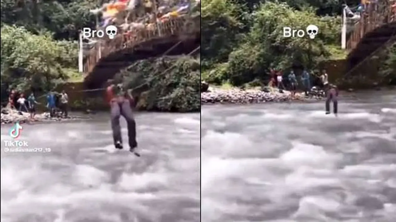 Seberangi Sungai Pakai Tali, Aksi Berani Pria Ini Malah Berujung Apes