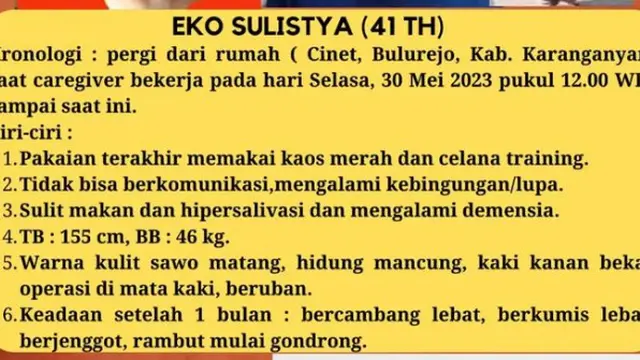 menyandang demensia dini, Eko Sulistya hilang dari rumah dan belum pulang hingga kini