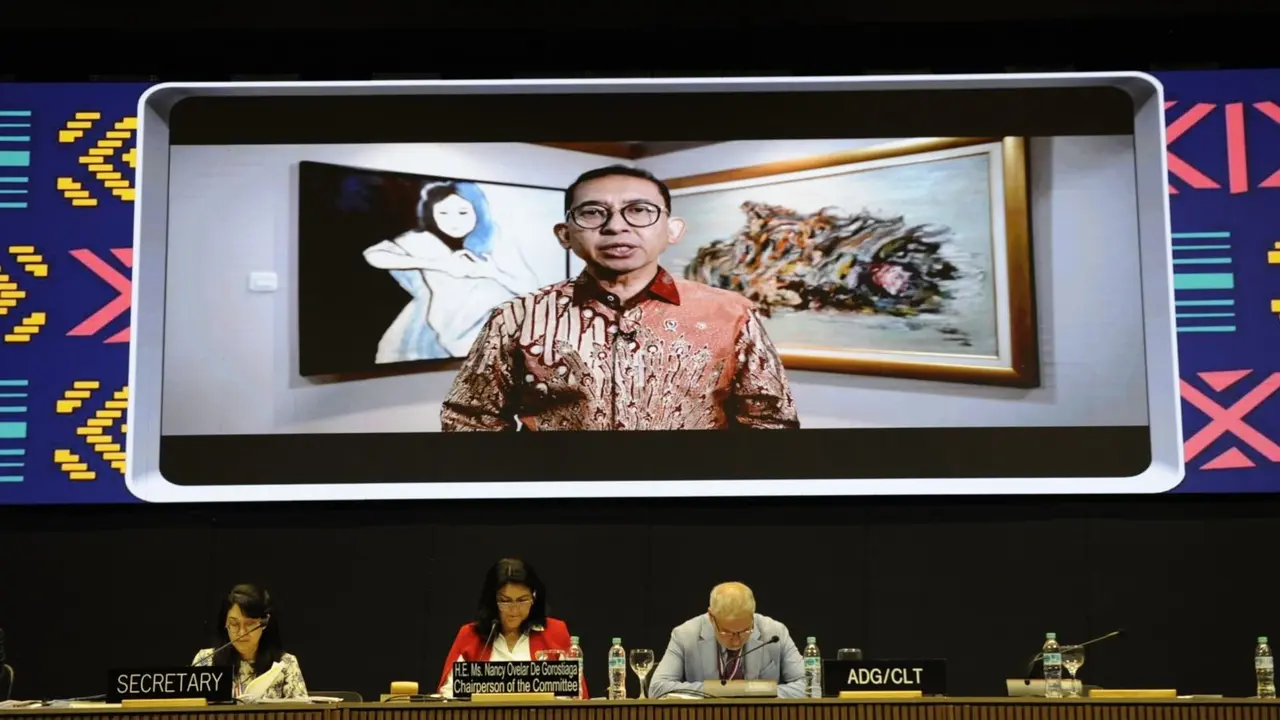 Menteri Kebudayaan, Fadli Zon saat menyampaikan pidato secara virtual.