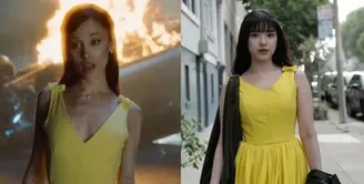 Tengah berada di Amerika Serikat, Tiara Andini tampil dengan long dress kuning mirip Ariana Grande dalam video klip musiknya. [@tiaraandini]