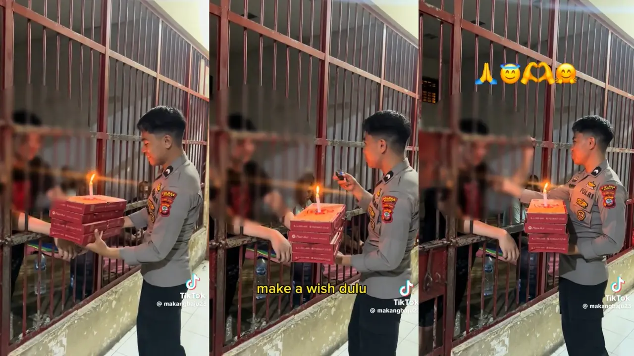 Viral di TikTok Ketika Seorang Polisi Memberikan Kejutan Ulang Tahun pada Tahanan di Lapas. Momen itu Membuat Tahanan yang Berulang Tahun Menangis Terharu (Sumber: TikTok @makangbaju23)