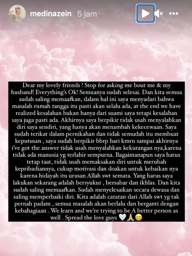 Unggahan Medina Zein. (Foto: Instagram @medinazein)