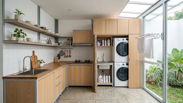 Dapur Kecil Baja Ringan Menyatu dengan Area Cuci Jemur