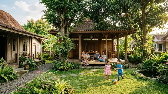 Inspirasi Rumah Pedesaan dengan Taman dan Pendopo yang Asri Model  dengan Pohon Peneduh dan Pendopo Berkumpul