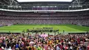 Wembley menjadi stadion terbesar di antara 11 venue Euro 2020 (Euro 2021) lainnya karena memiliki kapasitas 90 ribu penonton. Stadion ini merupakan stadion terbesar di Inggris dan stadion ke dua terbesar di Eropa setelah Camp Nou di Barcelona, Spanyol. (Foto: AFP/Glyn Kirk)