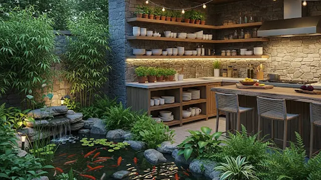 Dapur Outdoor dengan Kolam Ikan Kecil