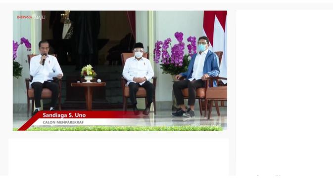 Reshuffle kabinet, Presiden Jokowi dan Wapres Ma'ruf Amin umumkan Sandiaga Uno jadi Menteri Pariwisisata dan Ekonomi Kreatif/Badan Pariwisata dan Ekonomi Kreatif atau Parekraf. (Youtube Sekretariat Presiden)
