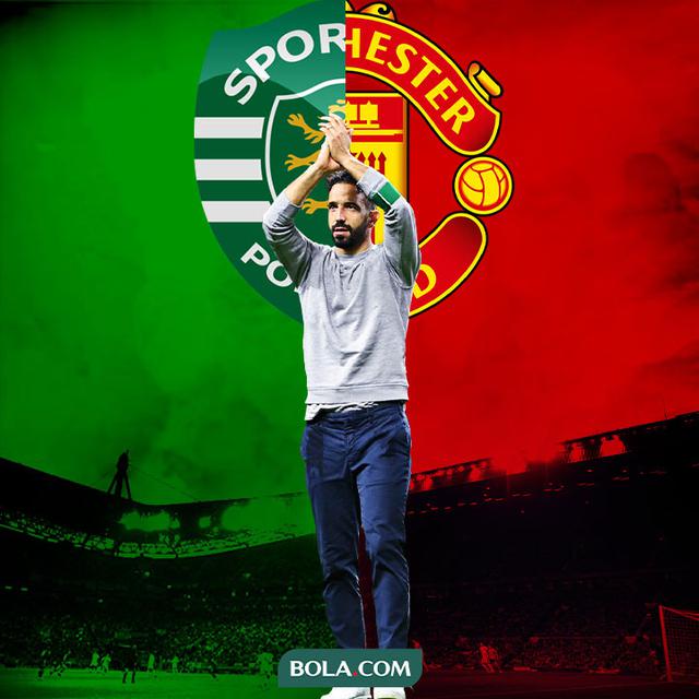 Ilustrasi - Ruben Amorim, Logo Sporting CP dan MU