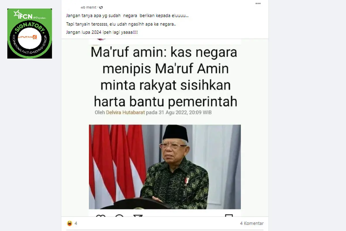 Tangkapan layar klaim judul "kas negara menipis Ma'ruf Amin minta rakyat sisihkan harta bantu pemerintah"