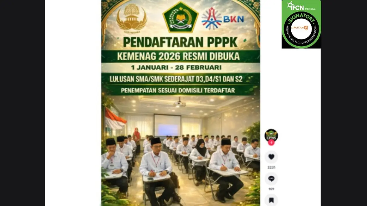 Hoaks pendaftaran PPPK Kementerian Agama (Kemenag) 2026 yang beredar di TikTok.