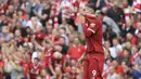 Ekspresi pemain Liverpool, Roberto Firmino usai membobol gawang Arsenal pada lanjutan Premier League di Anfield Stadium, Liverpool, (27/8/2017). Liverpool menang 4-0. (Peter Byrne/PA via AP)