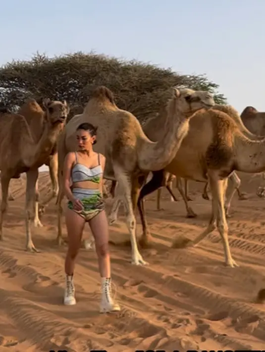 Mengenakan outfit dari Hian Tjen, Patricia Gouw berjalan di tengah gerombolan unta [@patriciagouw]