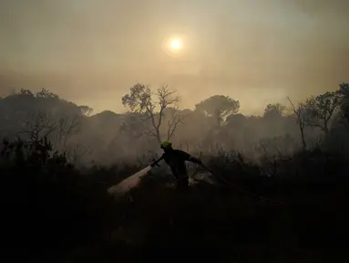 Seorang petugas pemadam kebakaran menggunakan selang untuk memadamkan api di dekat Le Luc, Prancis selatan, Rabu (18/8/2021). Kebakaran hutan di dekat French Riviera menewaskan sedikitnya dua orang dan membakar di luar kendali di hutan wilayah populer, dipicu oleh angin dan kekeringan (AP Photo/Dani