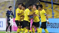Para pemain Malaysia saat merayakan gol ke gawang Laos pada laga kedua Grup A Piala AFF 2018. (AFF Suzuki Cup)