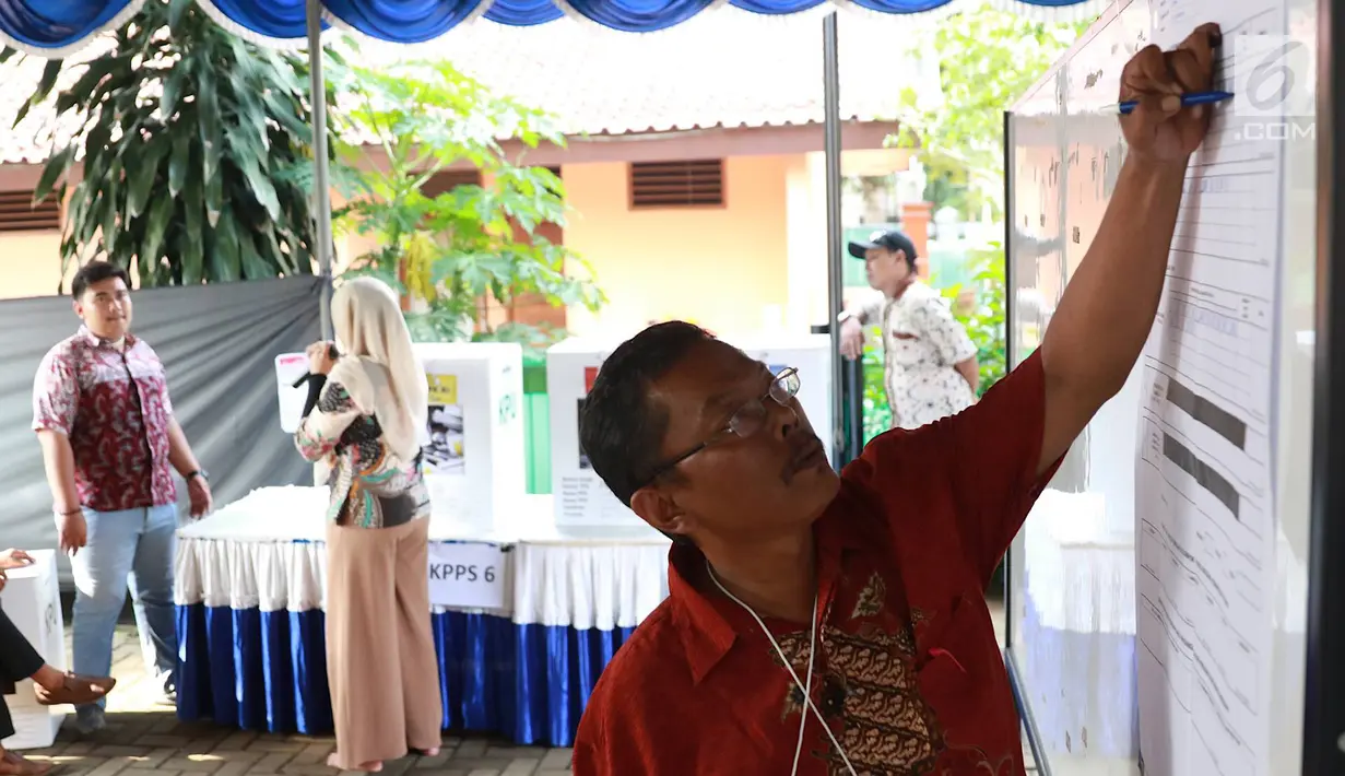 Petugas menghitung surat suara Pemilu 2019 di TPS 079 Panti Sosial Bina Laras Harapan Sentosa 2, Jakarta, Rabu (17/4). Di TPS tersebut, pasangan nomor urut 01 memperoleh 61 suara, pasangan nomor urut 02 memperoleh 55 suara, sementara suara tidak sah sebanyak 88 suara. (Liputan6.com/Immanuel Antonius