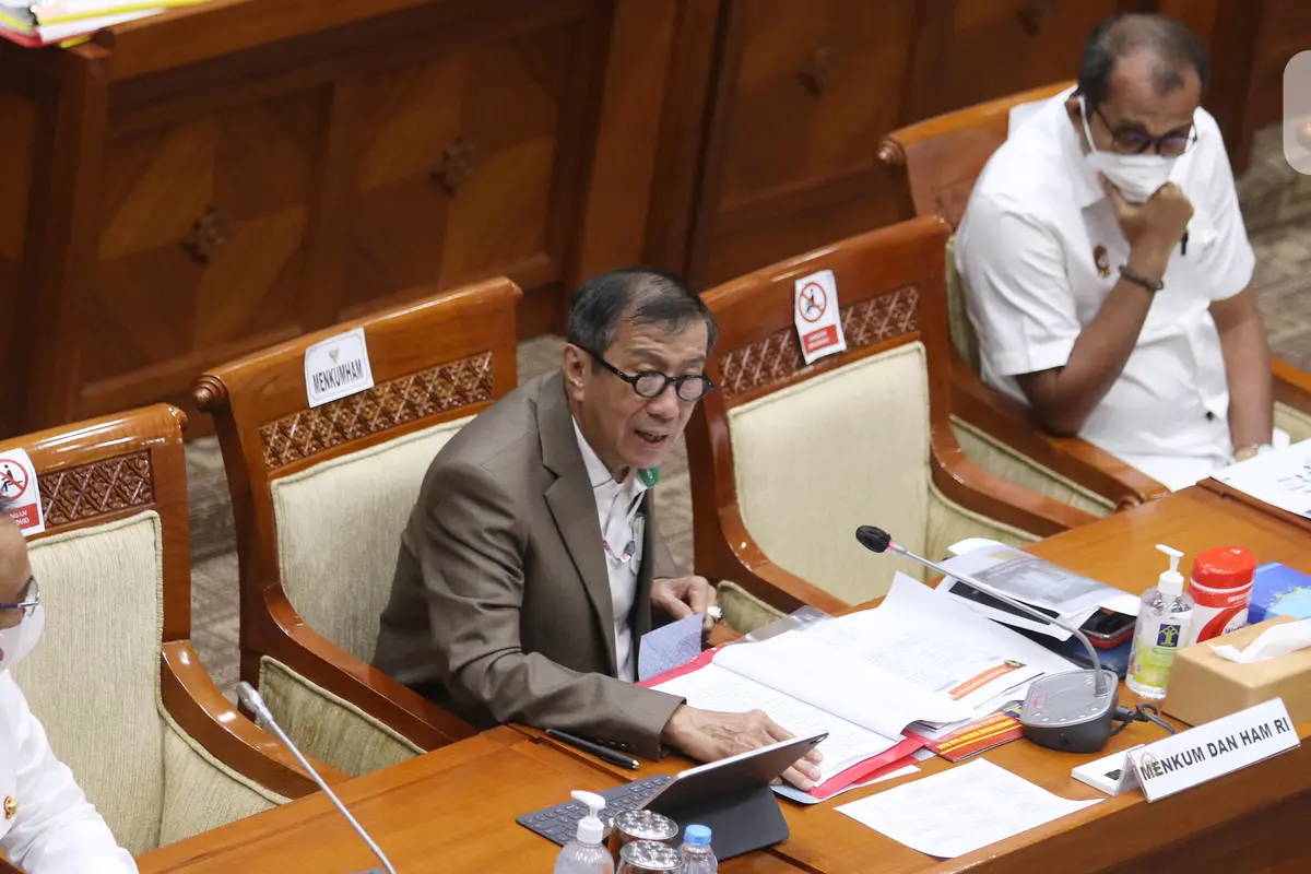 Menkumham Yasonna Laoly saat rapat dengan Komisi III DPR RI di Senayan, Jakarta, Rabu (17/3/2021).