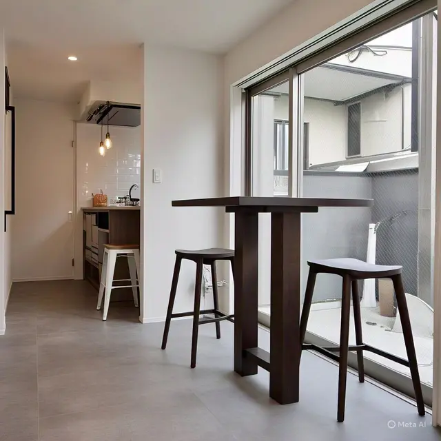 Ide Tatanan Kursi Lipat dengan Meja Bar Minimalis untuk Area Dapur Terbuka Rumah Minimalis/via Meta AI