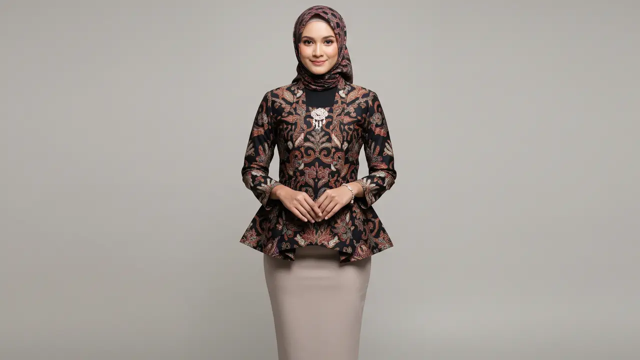 Atasan Batik Peplum dengan Rok Span Polos