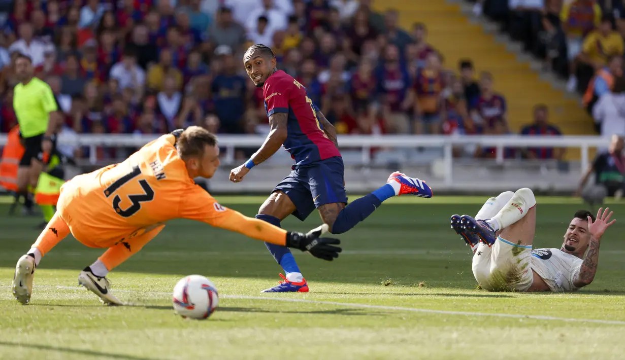 Pemain Barcelona, Raphinha mencetak gol ke gawang Valladolid pada laga lanjutan Liga Spanyol 2024/2025 di Olympic Stadium, Barcelona, Spanyol, Sabtu (31/08/2024). (AP Photo/Joan Monfort)