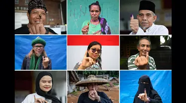 Foto kombinasi yang dibuat pada tanggal 14 Februari 2024 ini menunjukkan orang-orang yang menunjukkan jari-jari mereka yang telah bertinta setelah memberikan suara dalam pemilihan presiden dan legislatif di berbagai lokasi di Indonesia. (Foto oleh AFP)