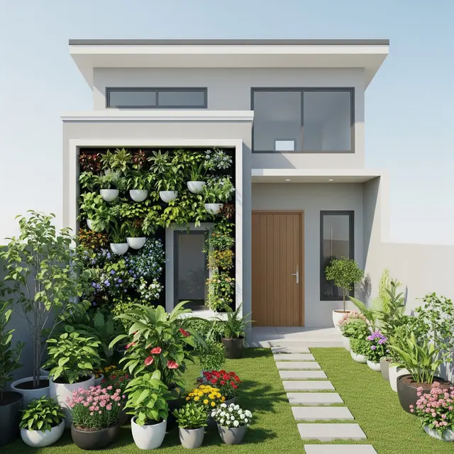 Model Rumah 6x8 dengan Penataan Vertikal dan Taman Depan Pot