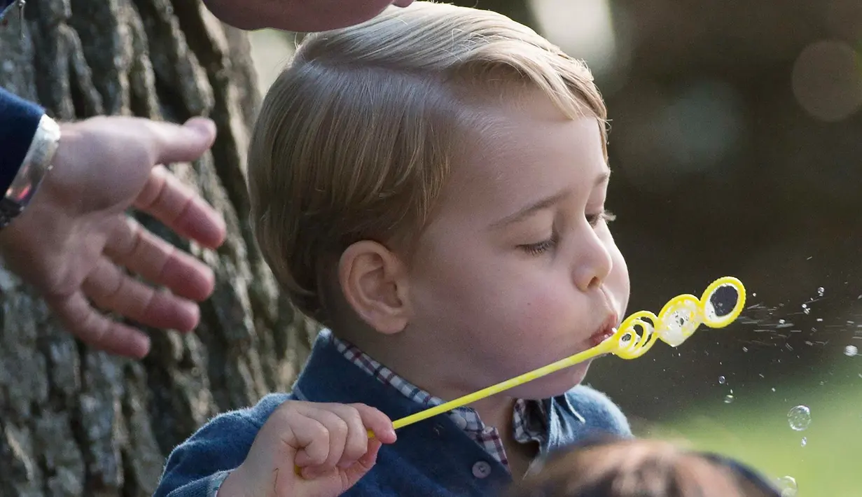 Pangeran George saat bermain pistol gelembung sabun dalam sebuah pesta untuk anak-anak di Government House di Victoria, British Columbia, Kanada, (29/9). (REUTERS/Chris Wattie)