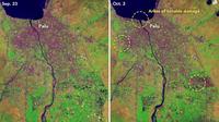 Foto yang diabadikan oleh satelit NASA, Landsat 8, terkait gambaran sebelum dan sesudah tsunami Palu. (Dokumentasi NASA)
