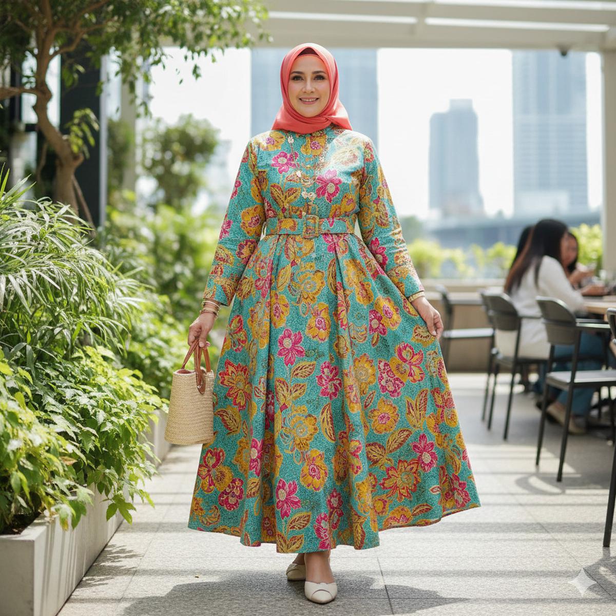 Gamis Batik Floral A-Line dengan Belt