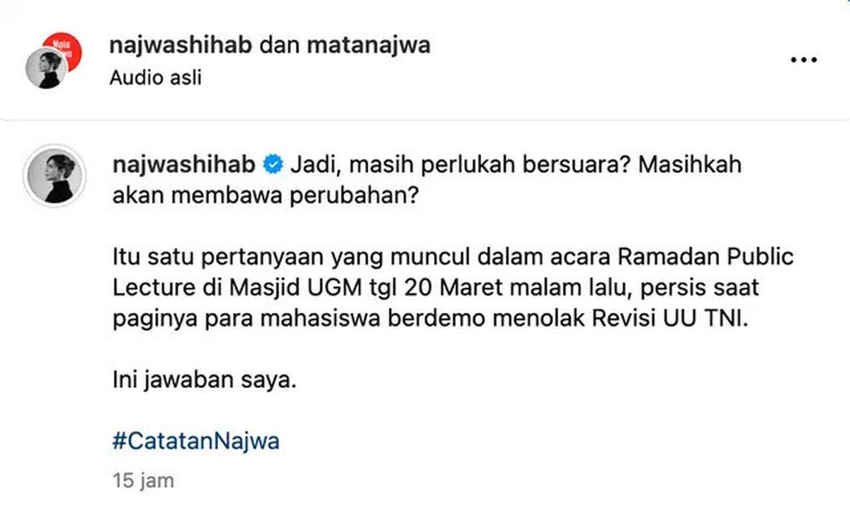 Najwa Shihab Respons Mahasiswa Demo Revisi UU TNI, Sebut Awan Mendung Berada di Atas Kepala