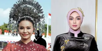 Margin Wieheerm tampil elegan dalam kebaya janggan merah berlis putih yang dipadukan dengan kain batik bernuansa senada. Hijab merah dan bros emas menjadi pelengkap yang mempertegas kesan anggun sekaligus patriotik. [@marginw].
