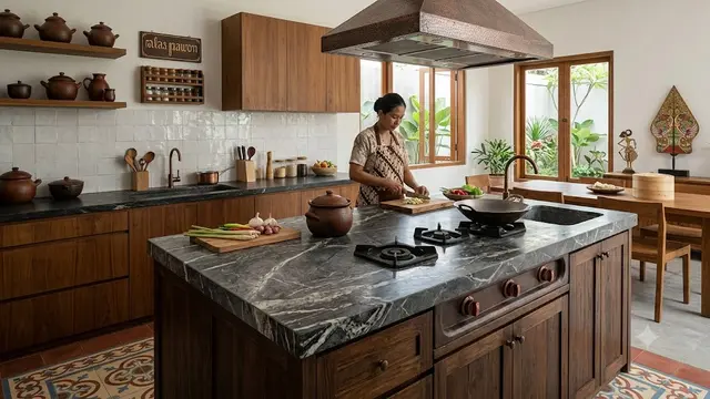 Ide Dapur Tema Pawon Jawa, Tampil Modern Minimalis Ala Tradisional Model Meja Island Batu Alam