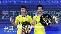Ganda putra Kevin Sanjaya Sukamuljo/Marcus Fernaldi Gideon mempersembahkan satu gelar untuk Indonesia pada China Terbuka Super Series Premier 2017. (PBSI)