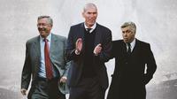 Ilustrasi - Pelatih Paling Sukses di Eropa: Alex Ferguson, Zinedine Zidane, Carlo Ancelotti (Bola.com/Adreanus Titus)
