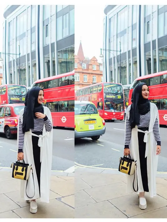 Siapa bilang pengguna hijab tak bisa memakai mantel tanpa lengan? Paduan manis baju panjang serta mantel tanpa lengan ala Shireen Sungkar dapat menjadi inspirasi. (via instagram/@shireensungkar)