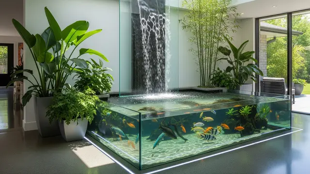 Kolam Ikan Kaca dengan Air Terjun Vertikal