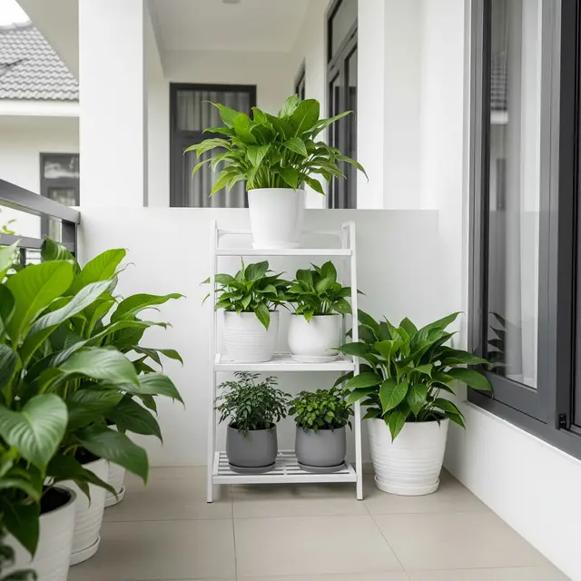 Desain Teras Sempit 2x2 Meter Jadi Kebun Mini Pakai Pot Bertingkat (AI)