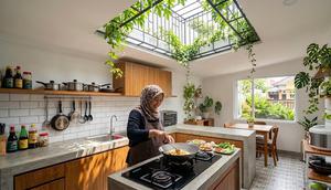Dapur Void Terbuka dengan Tanaman Rambat (Gemini AI)