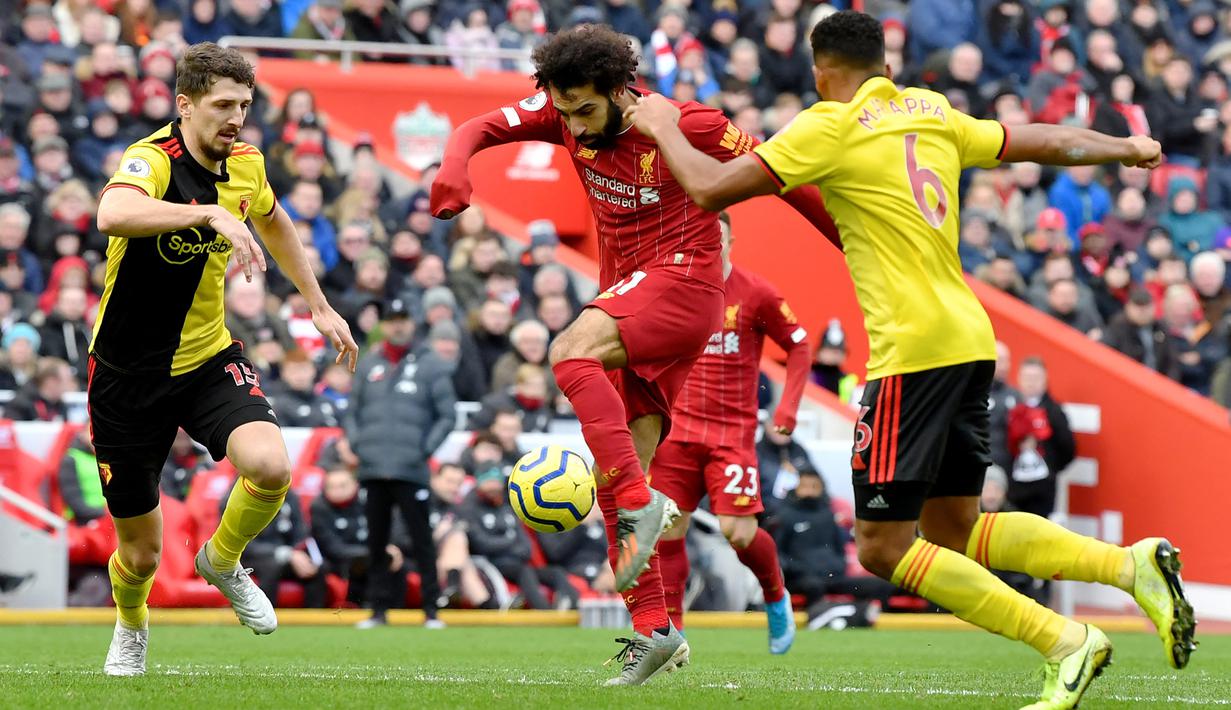 Watford. Mohamed salah mampu mencetak 9 gol dan 3 assist ke gawang Watford dari total 7 laga di semua ajang kompetisi. Dari 7 laga tersebut, Mohamed salah membawa Liverpool 5 kali menang, 1 kali imbang dan 1 kali kalah. (AFP/Paul Ellis)