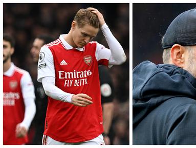 Foto Kolase: Reaksi kecewa pemain Arsenal, Martin Odegaard (kiri) dan pelatih Liverpool, Jurgen Klopp setelah timnya mengalami kekalahan pada pekan ke-22 Liga Inggris 2022/2023, Sabtu (04/02/2023). (AFP/Paul Ellis dan AP via PA/Tim Goode)