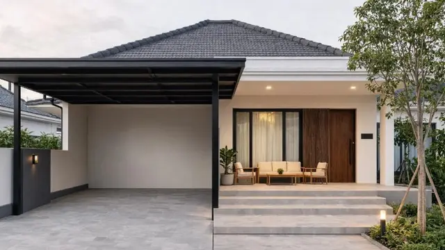 Ide Desain Halaman Depan Rumah dengan Carport dan Teras (AI Generated)